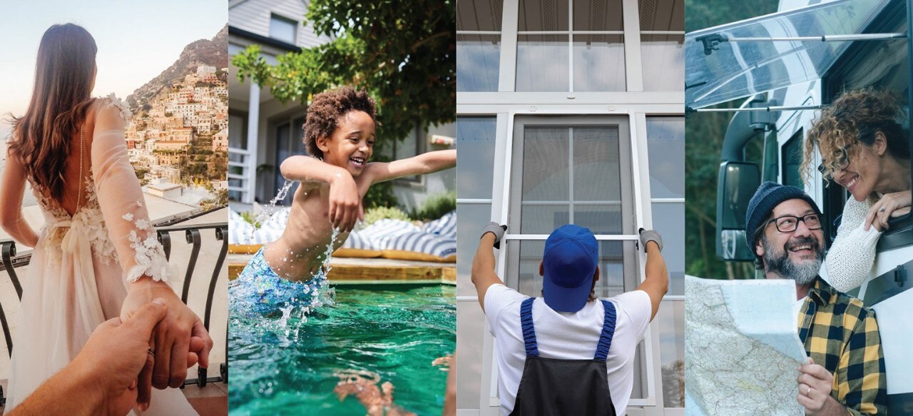 Woman's hands framing images of remodeled kitchen, new car, graduation, and new pool