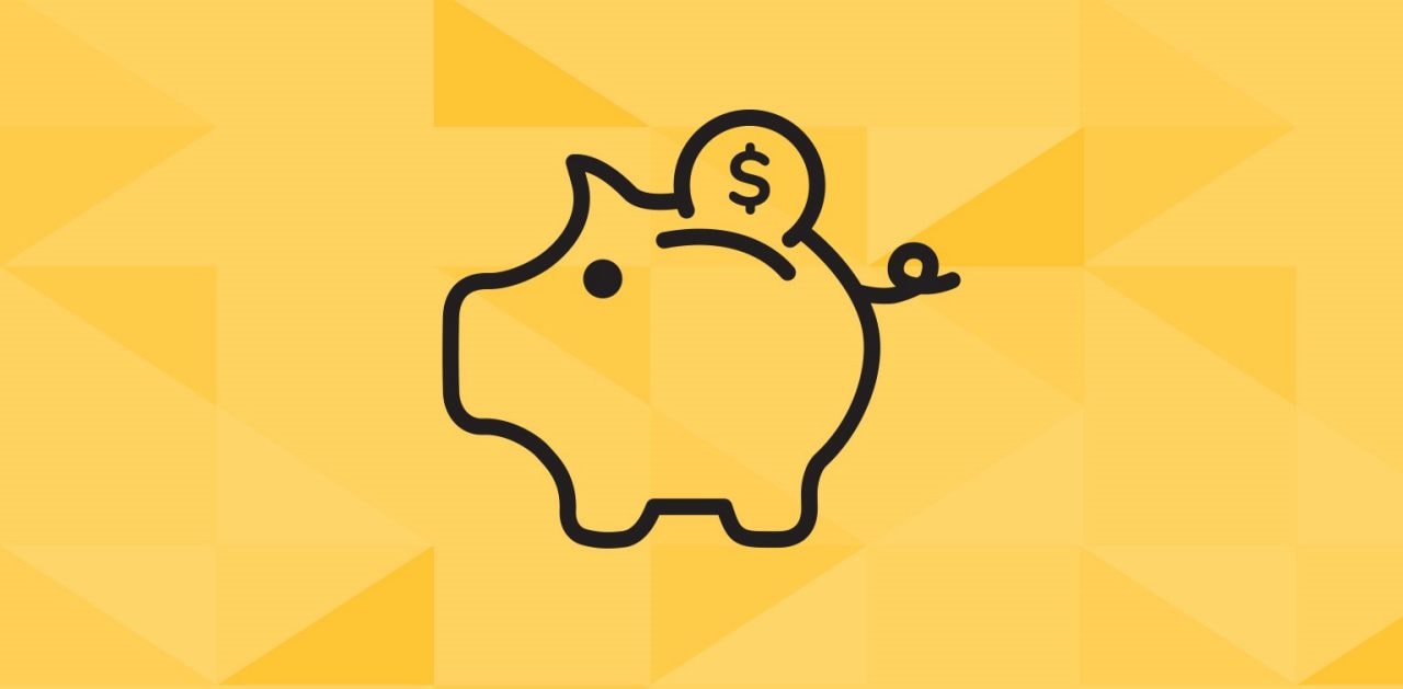 Illustration of a piggy bank with a coin being inserted on gold tessellated background