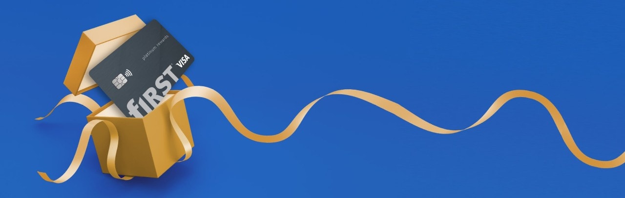 First Financial Bank credit card erupting from a gift box on a blue background