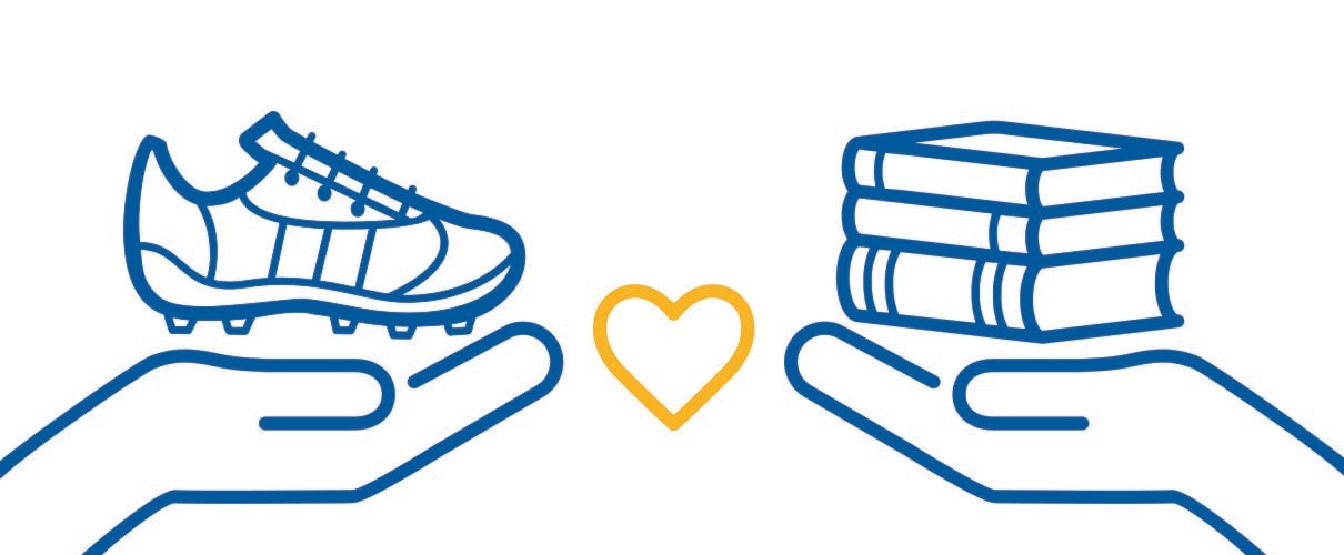 Illustration of outstretched hands holding a soccer cleat and stack of books, surrounding a heart