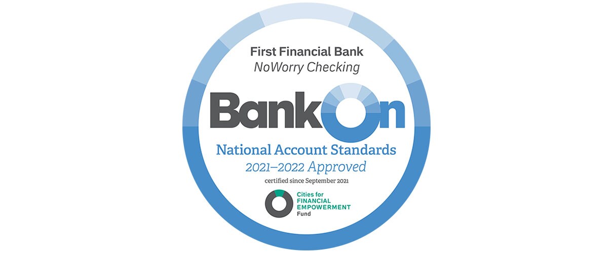 Badge reflecting the NoWorry checking account's BankOn certification for 2021-2022