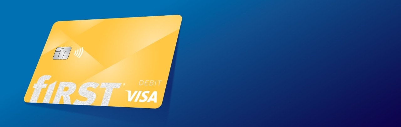 First Financial Visa debit card on blue background