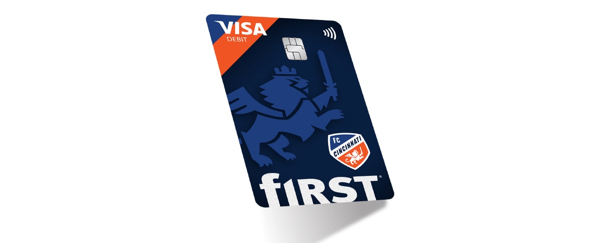 First Financial Bank FC Cincinnati debit card tilted on a white background