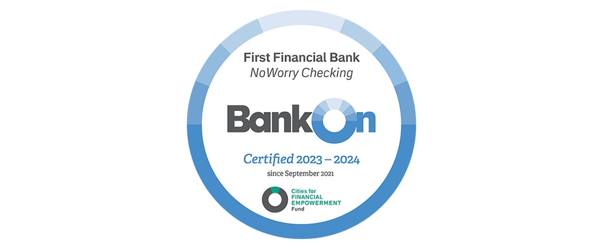 Badge reflecting the NoWorry checking account's BankOn certification for 2023-2024