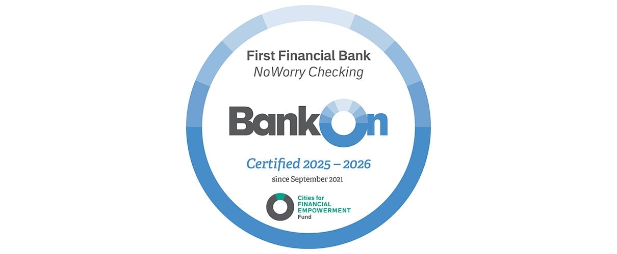 Badge reflecting the NoWorry checking account's BankOn certification for 2025-2026