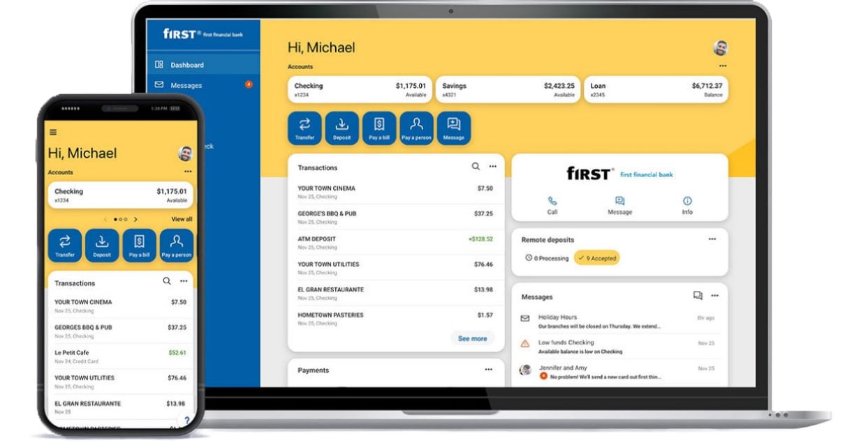 Smartphone and laptop displaying the First Financial online banking experience