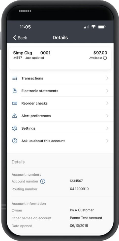 First Financial Bank mobile banking app details screen