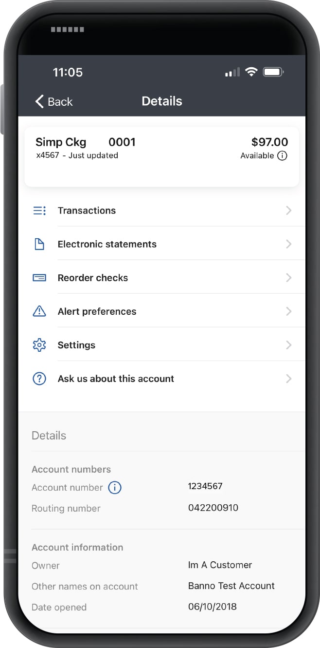 First Financial Bank mobile banking app details screen