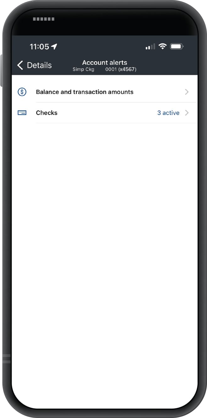 First Financial Bank mobile banking app account alerts screen
