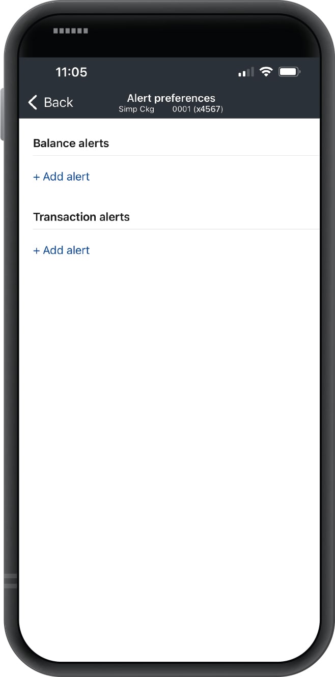 First Financial Bank mobile banking app alert preferences screen