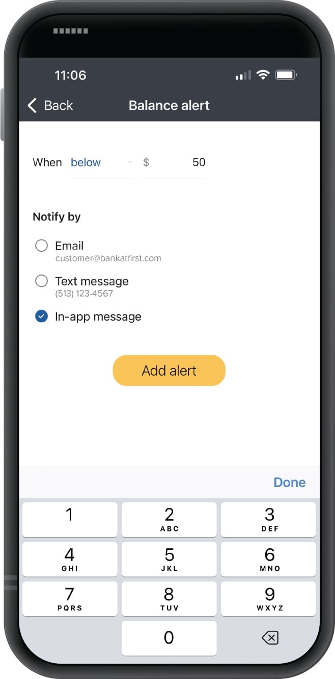 First Financial Bank mobile banking app balance alert screen