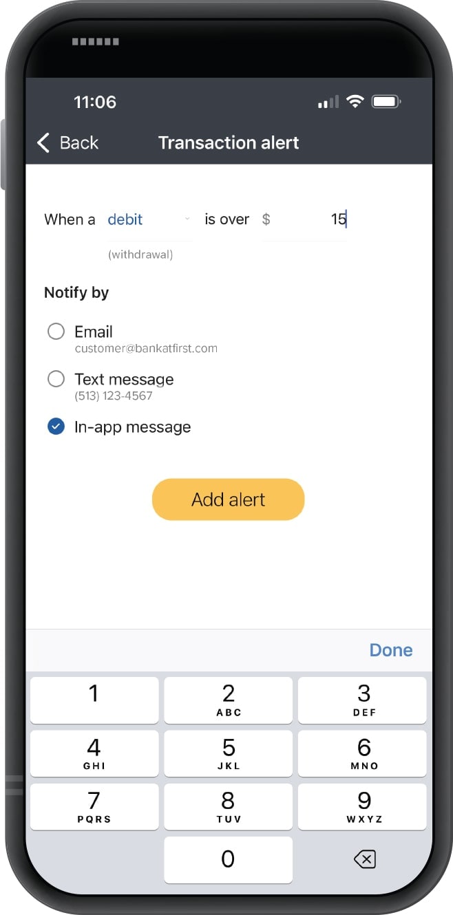 First Financial Bank mobile banking app transaction alert screen