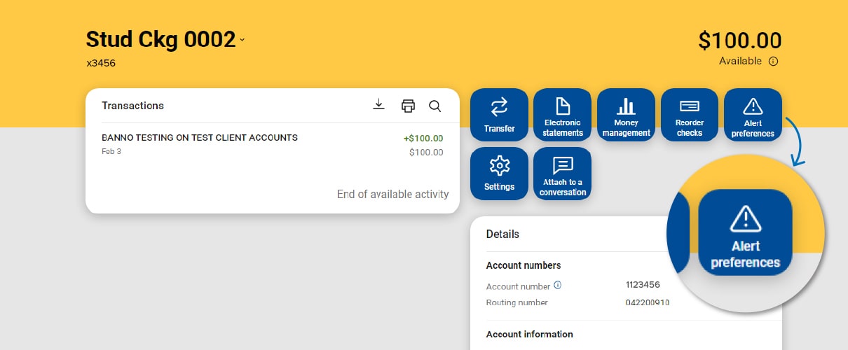 Desktop image of First Financial Bank online banking account details screen with alert preferences highlighted