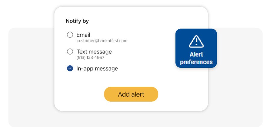 Image of First Financial Bank mobile app's alert notification preference settings