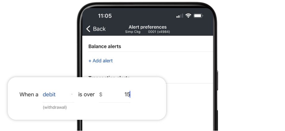 Smartphone displaying First Financial Bank mobile app's alert preferences settings
