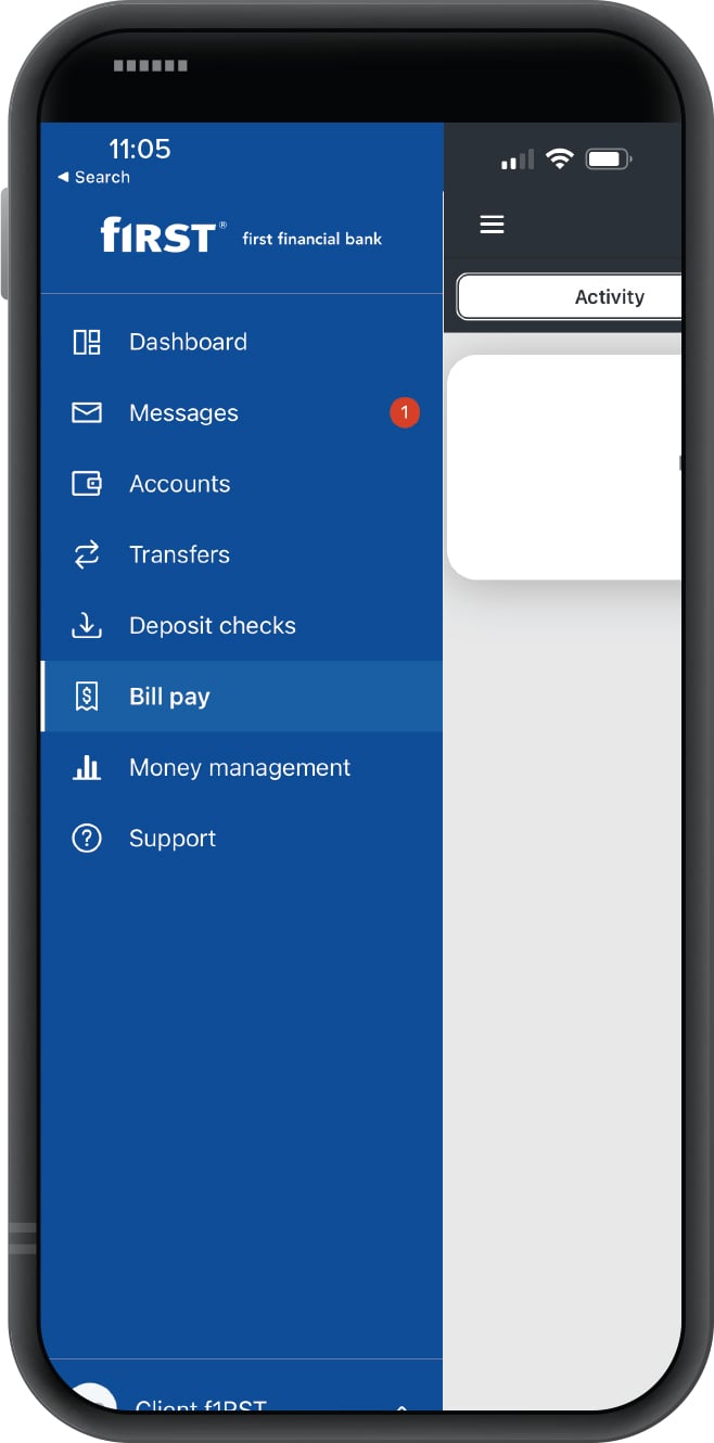 Smartphone displaying First Financial Bank mobile app menu with Bill Pay highlighted