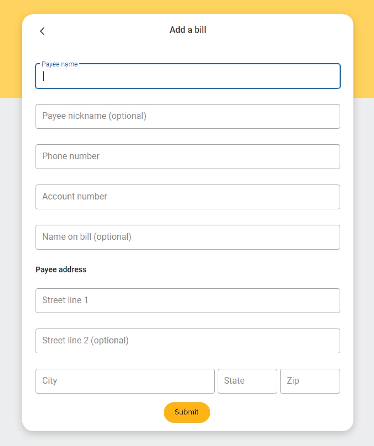 Desktop image of First Financial Bank online banking add a bill screen