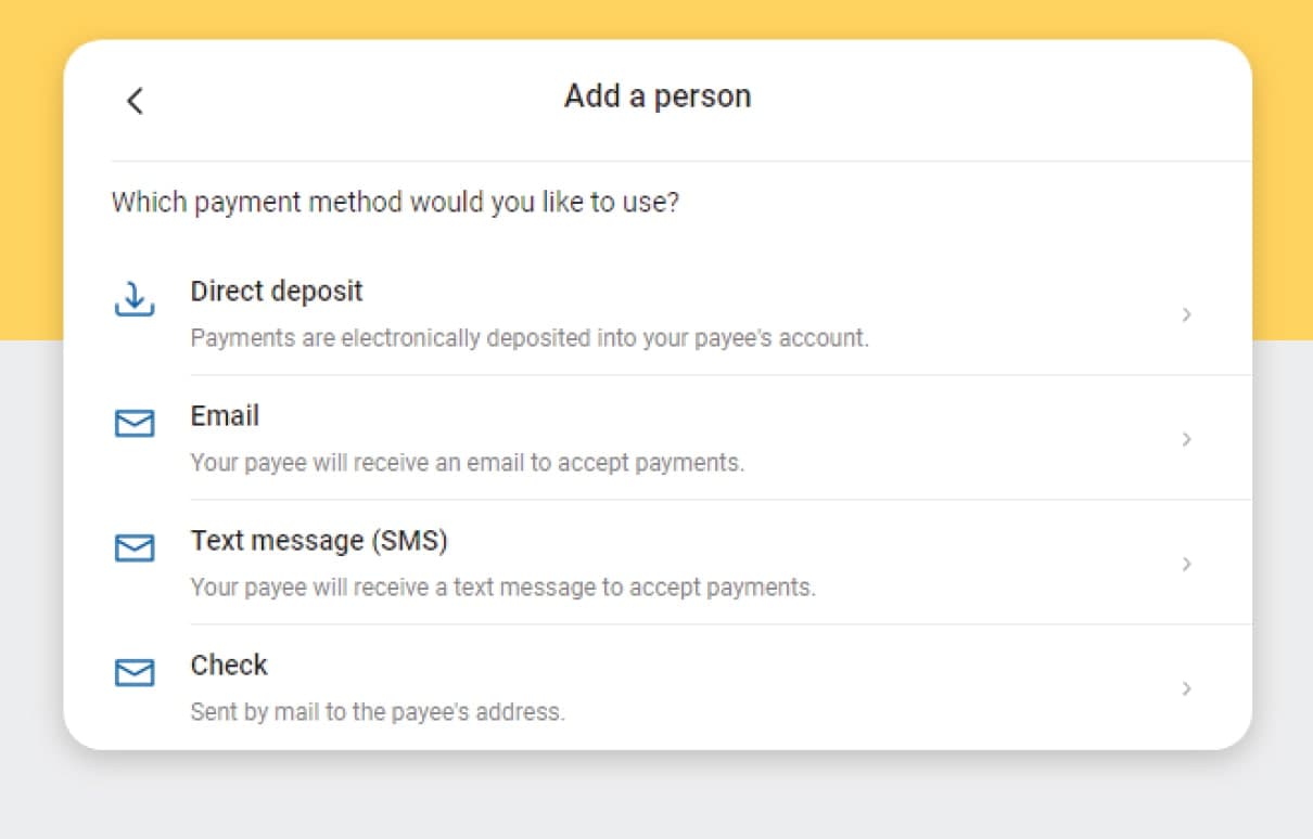 Desktop image of First Financial Bank online banking payment method selection screen