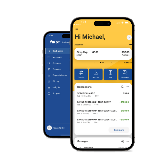 Smartphone displaying First Financial Bank mobile app with Bill Pay menu option highlighted