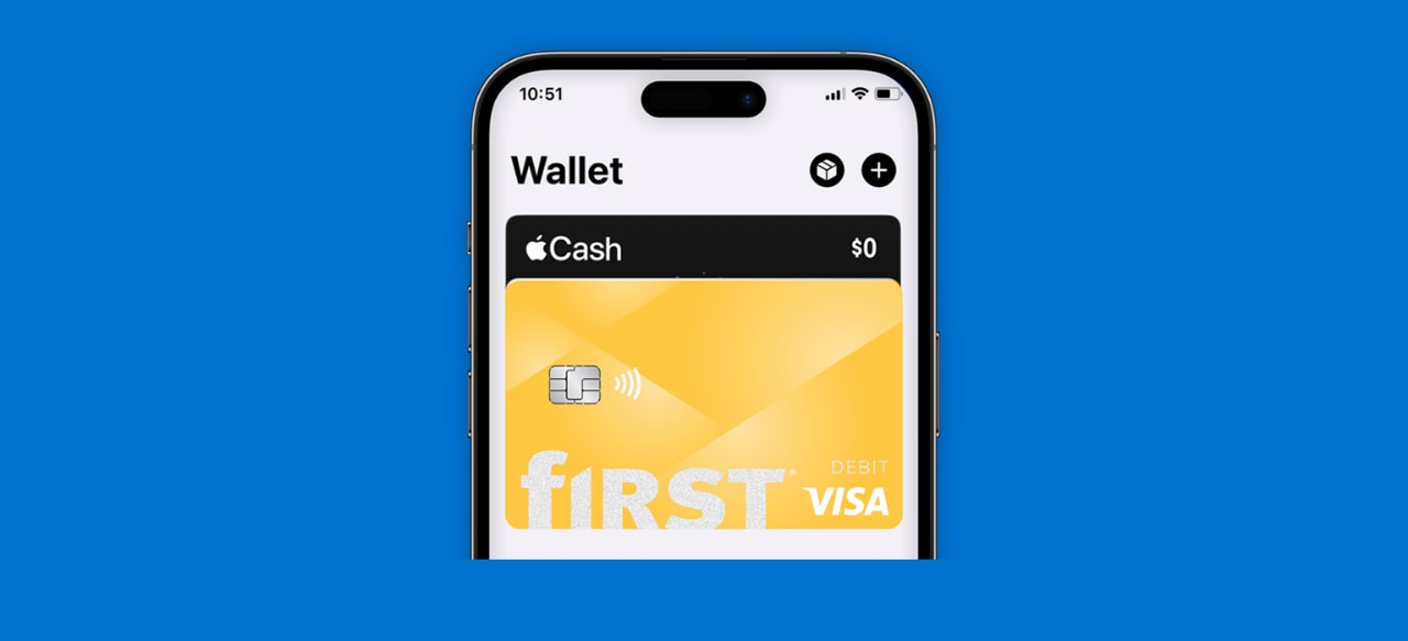 Smartphone displaying First Financial Bank mobile app's digital wallet tool