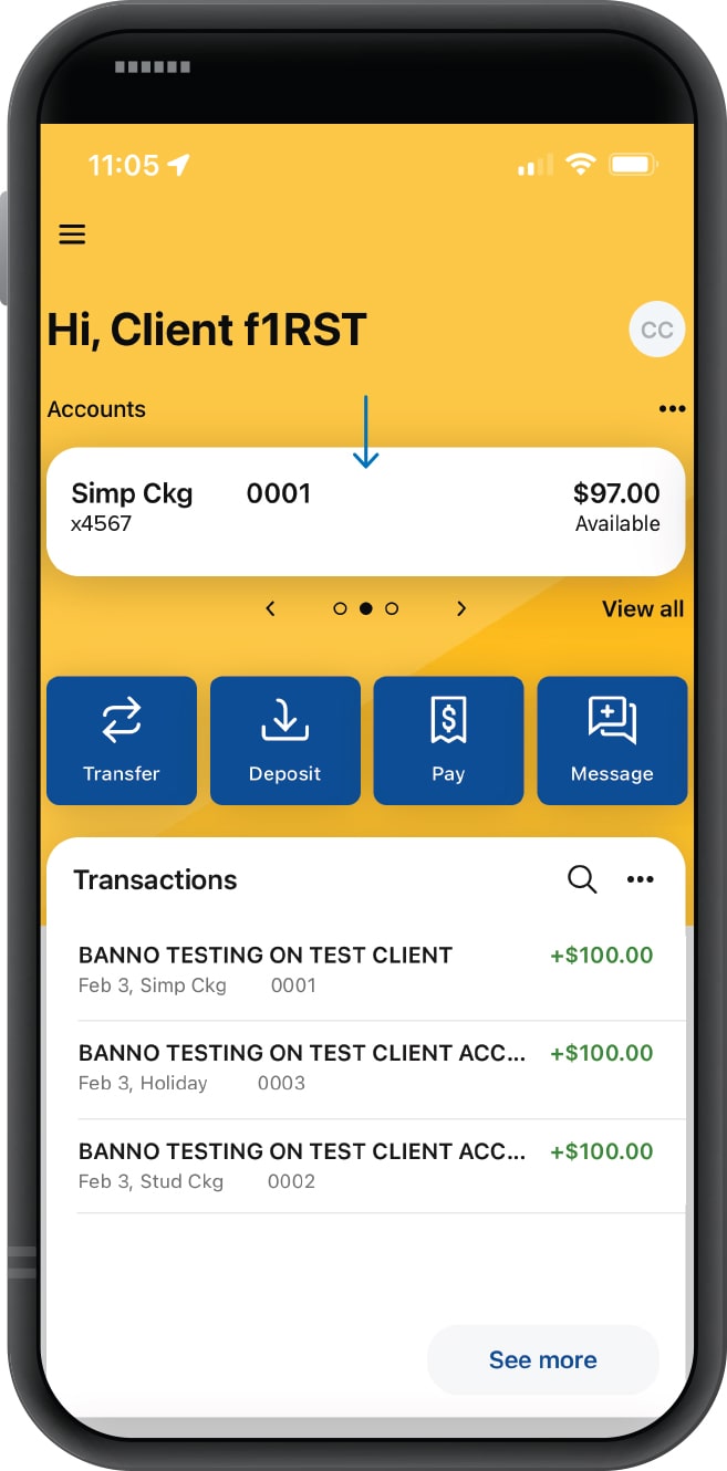Smartphone displaying First Financial Bank mobile app welcome screen with arrow pointing to account
