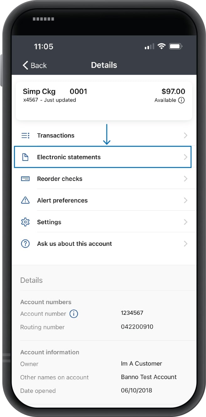 Smartphone displaying First Financial Bank mobile app account details screen with arrow pointing to electronic statements
