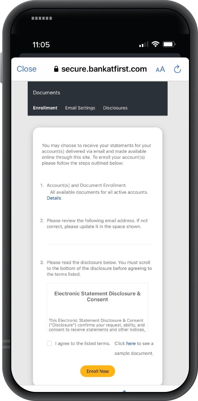 Smartphone displaying First Financial Bank mobile app eStatements enrollment screen