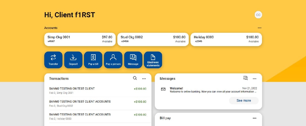 Desktop display of First Financial Bank online banking welcome screen