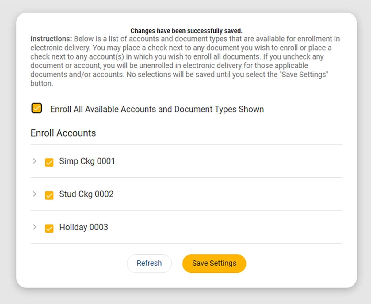 Desktop view of First Financial Bank online banking eStatements enrollment confirmation screen