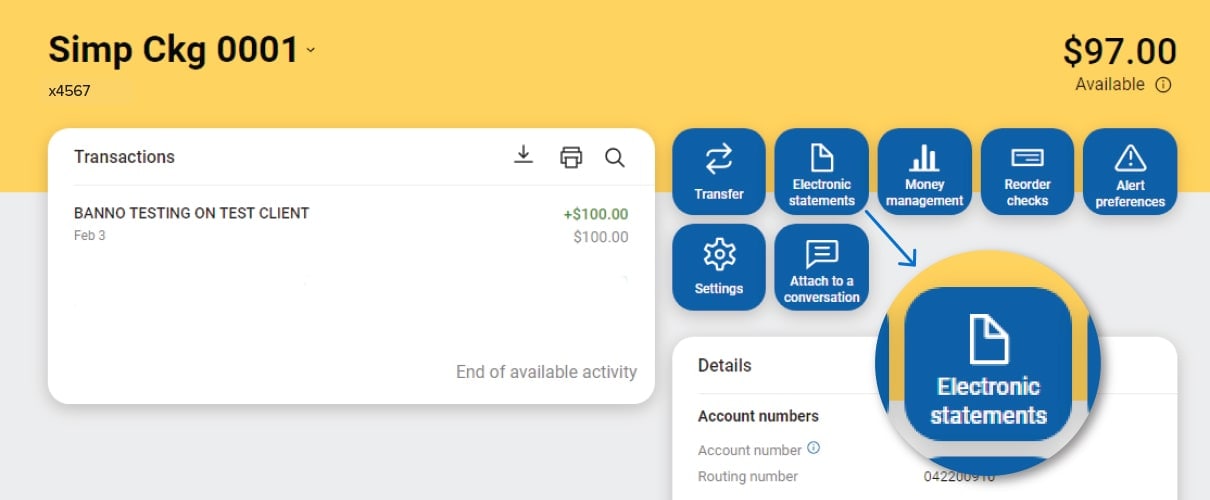 Desktop display of First Financial Bank online banking account details screen with "Electronic statements" highlighted