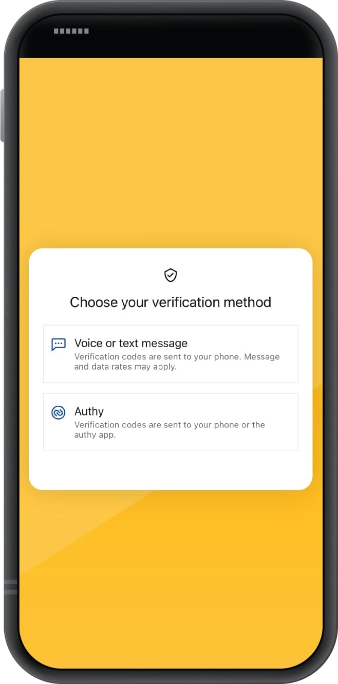 Smartphone displaying First Financial Bank mobile app's verification method selection screen