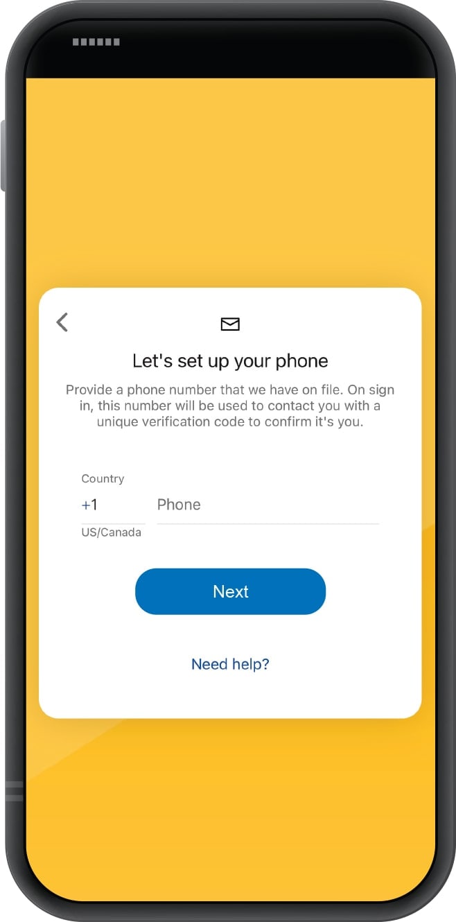 Smartphone displaying First Financial Bank mobile app's phone number verification screen