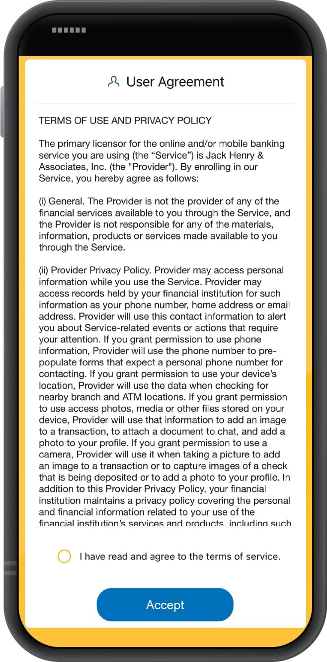 Smartphone displaying First Financial Bank mobile app's Terms of Use and Privacy Policy