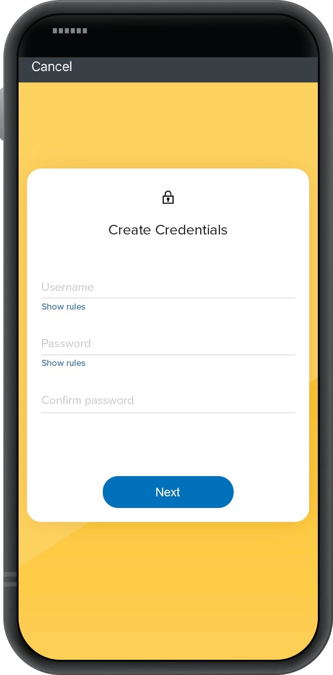 Smartphone displaying First Financial Bank mobile app's "Create Credentials" screen