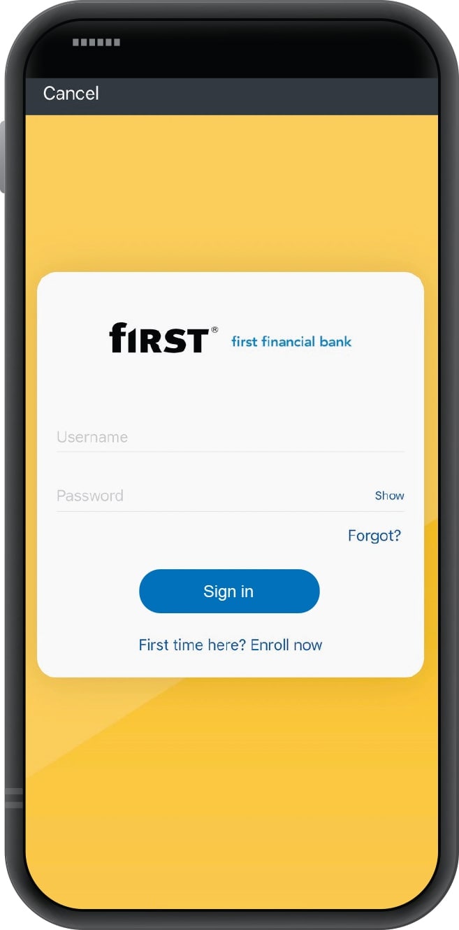 Smartphone displaying First Financial Bank mobile app sign in screen