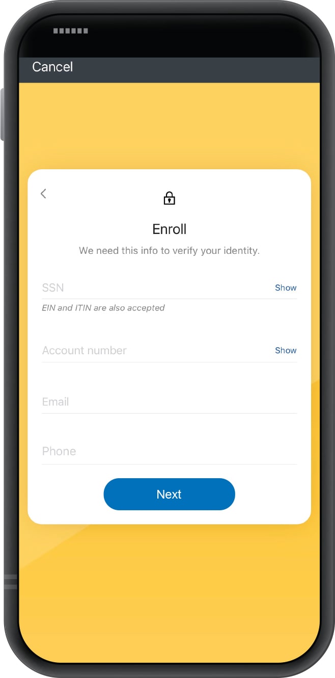 Smartphone displaying First Financial Bank mobile app's enrollment screen