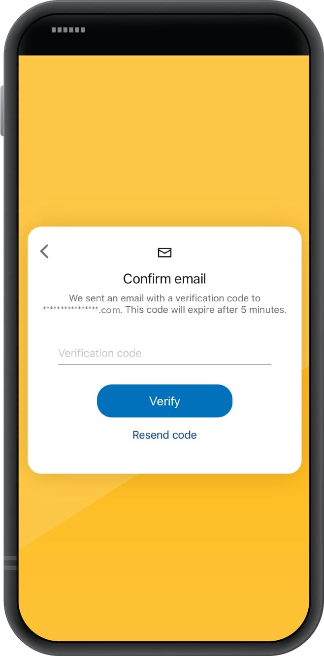 Smartphone displaying First Financial Bank mobile app's email confirmation screen