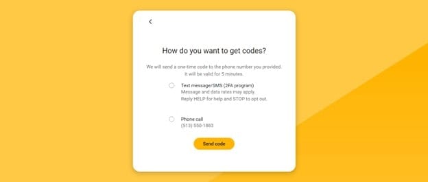 Desktop display of First Financial Bank online banking's two-step verification screen