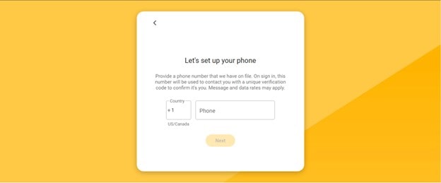 Desktop display of First Financial Bank online banking's phone setup screen