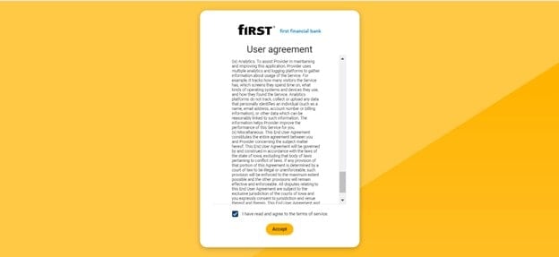 Desktop display of First Financial Bank online banking's user agreement screen