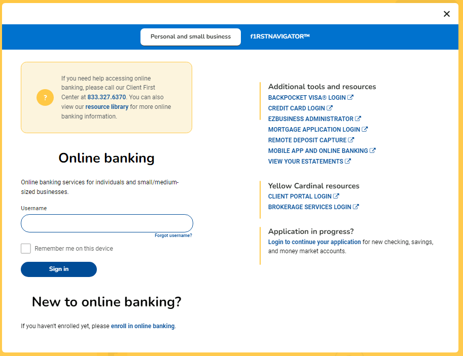 First Financial Bank online banking sign-in screen