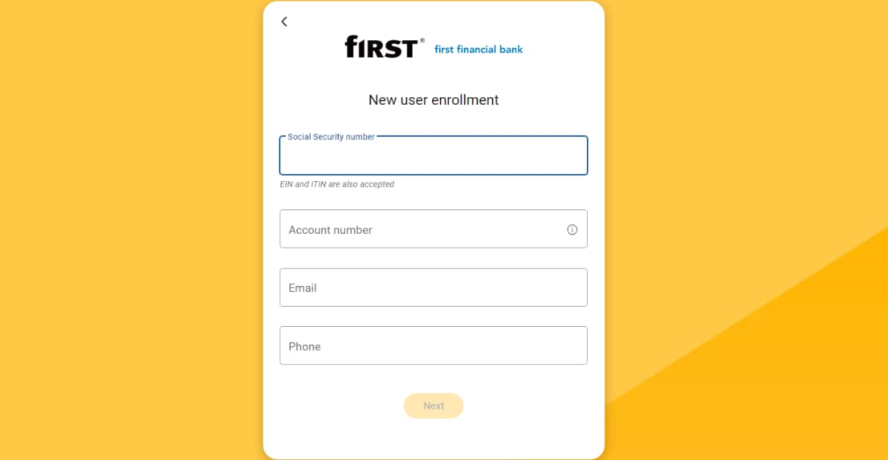 First Financial Bank online banking new user enrollment screen