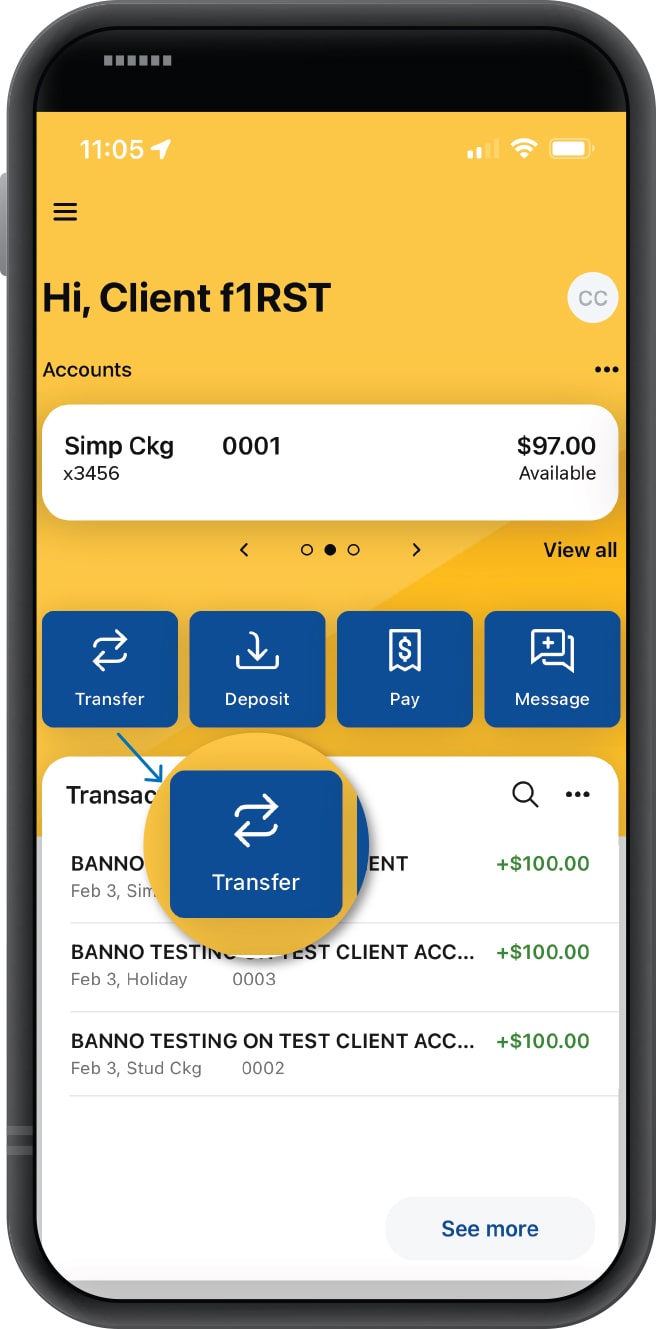 Smartphone displaying First Financial Bank mobile app welcome screen with transfer button highlighted