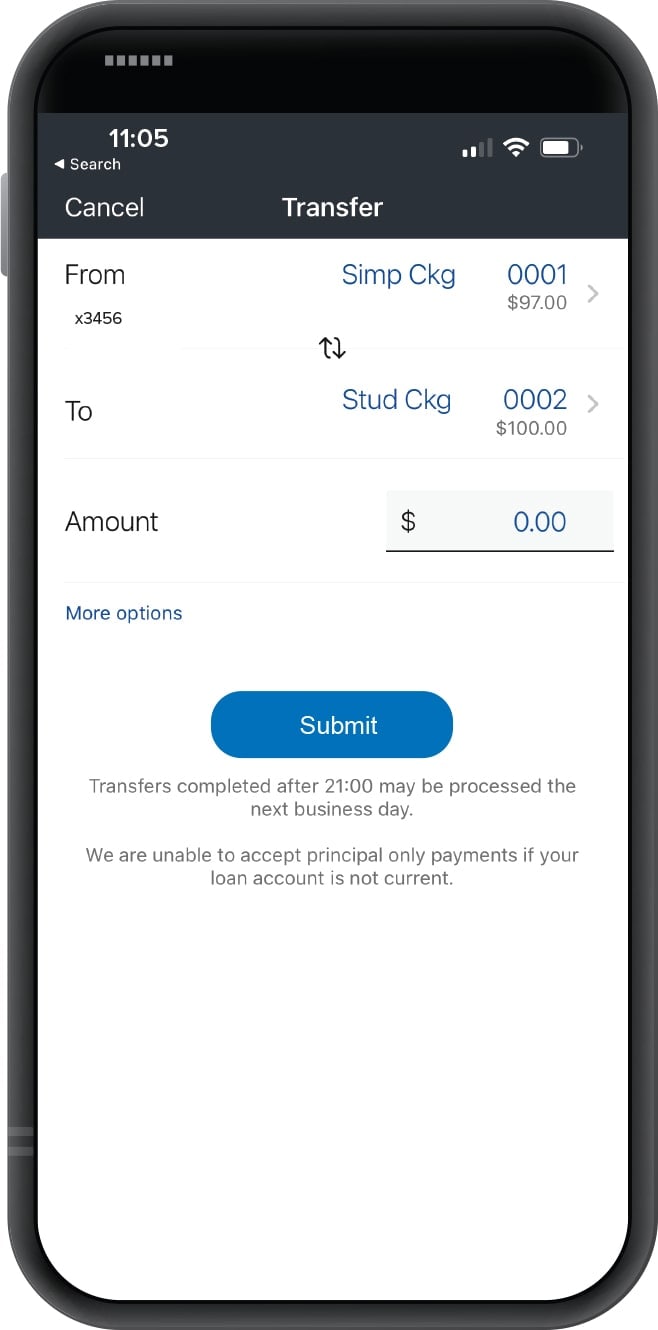 Smartphone displaying First Financial Bank mobile app transfer from-and-to screen