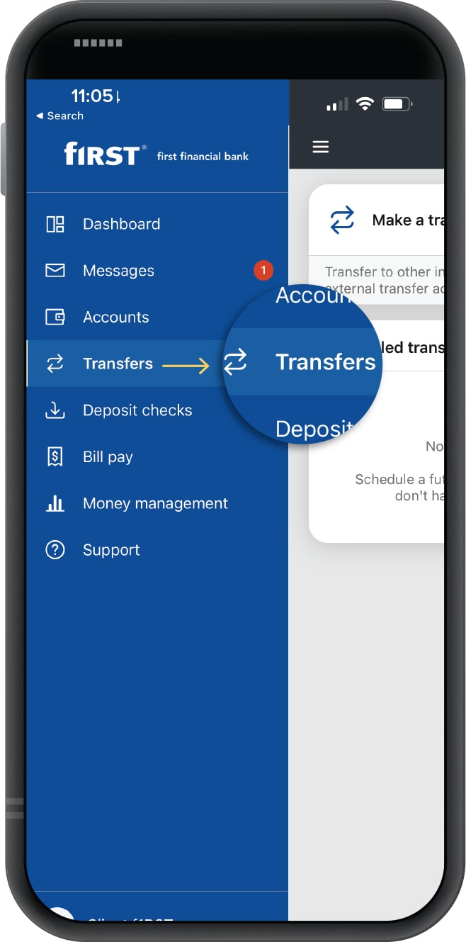 Smartphone displaying First Financial Bank mobile app menu screen with transfers highlighted