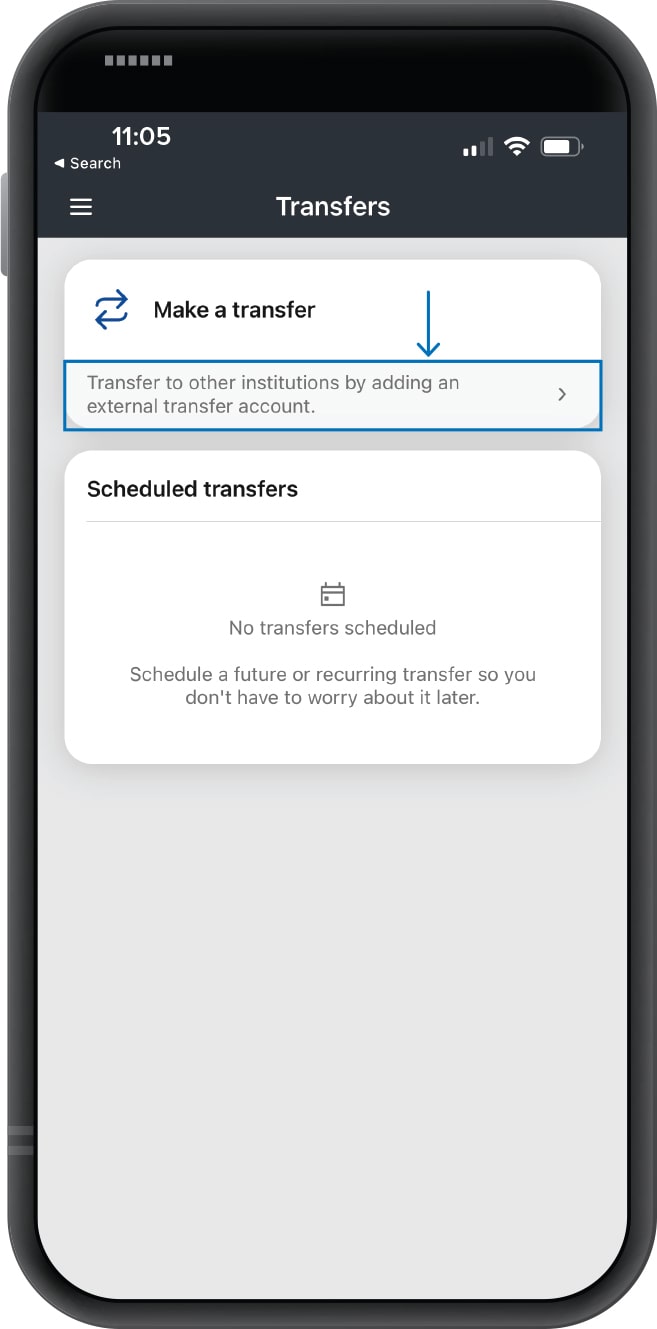 Smartphone displaying First Financial Bank mobile app transfers screen with external transfer instructions highlighted