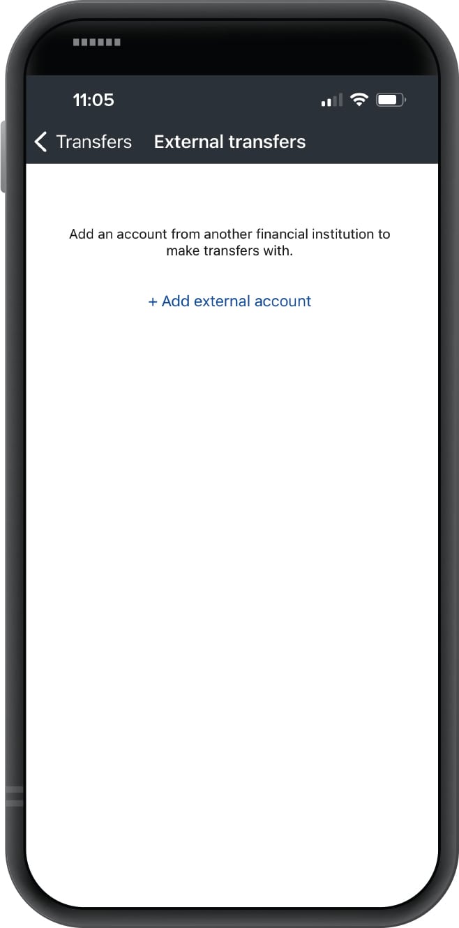 Smartphone displaying First Financial Bank mobile app external transfer screen