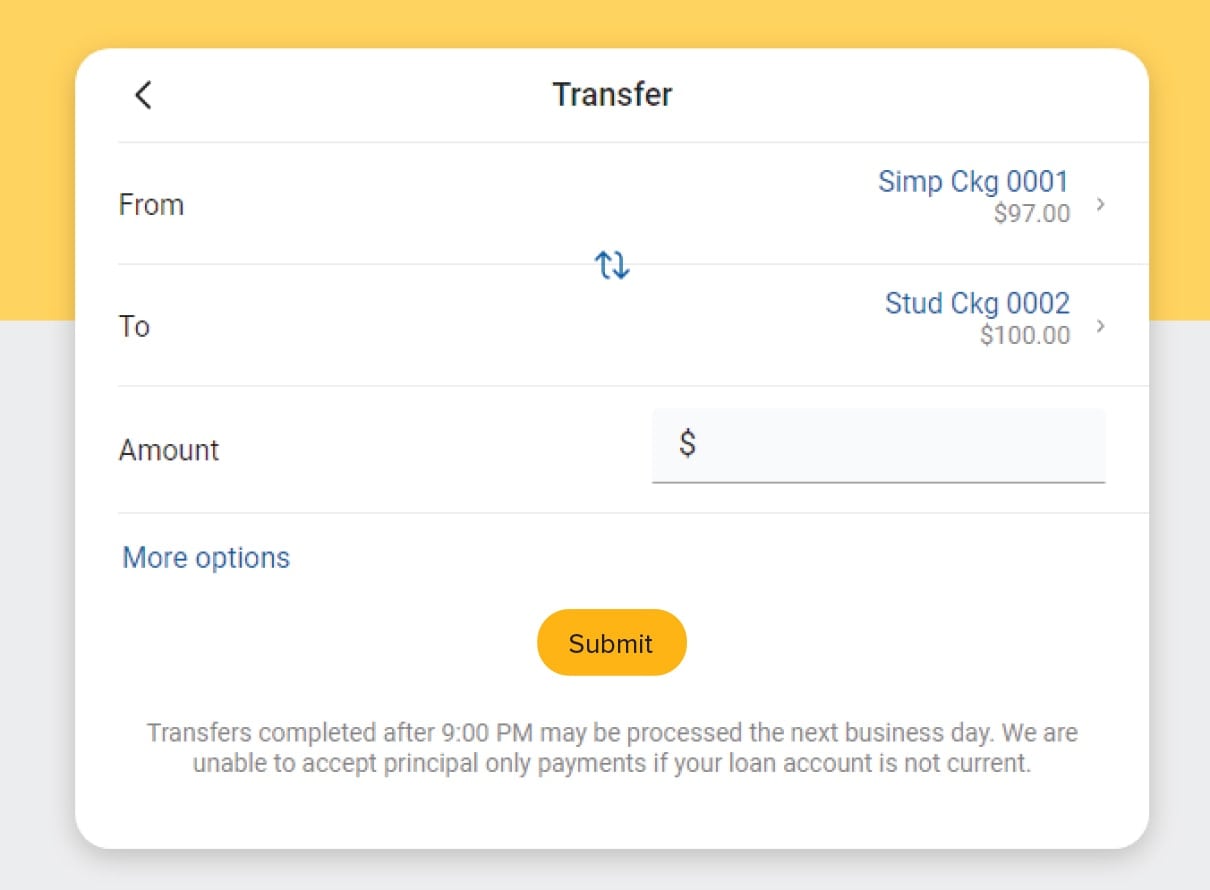 Desktop view of First Financial Bank online banking transfer amount entry screen