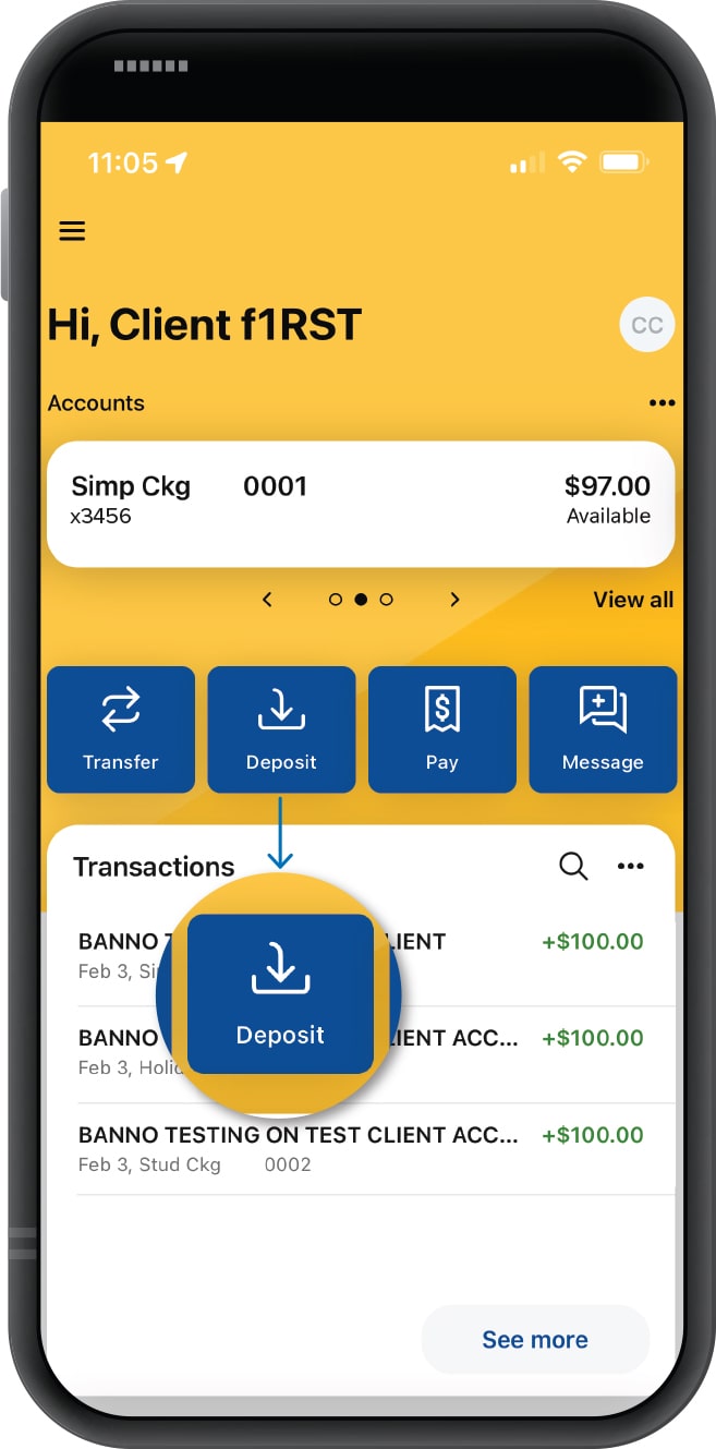 Smartphone displaying First Financial Bank mobile app welcome screen with deposit button highlighted