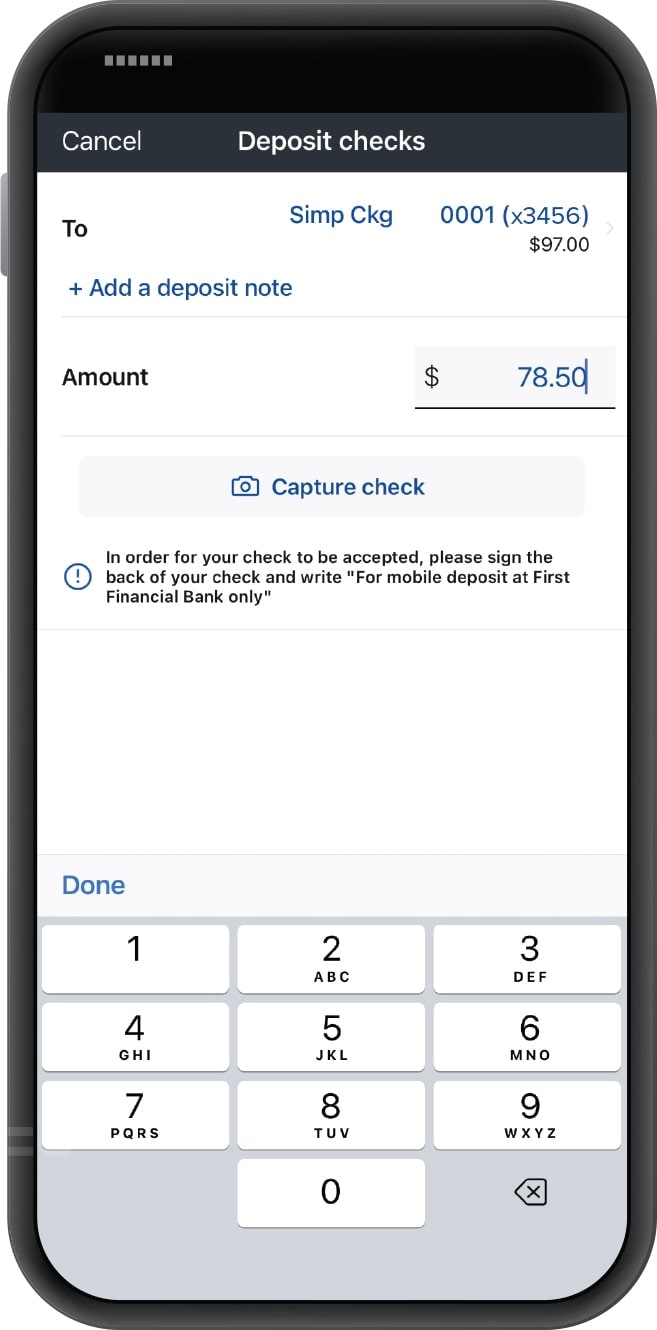 Smartphone displaying First Financial Bank mobile app check deposit screen